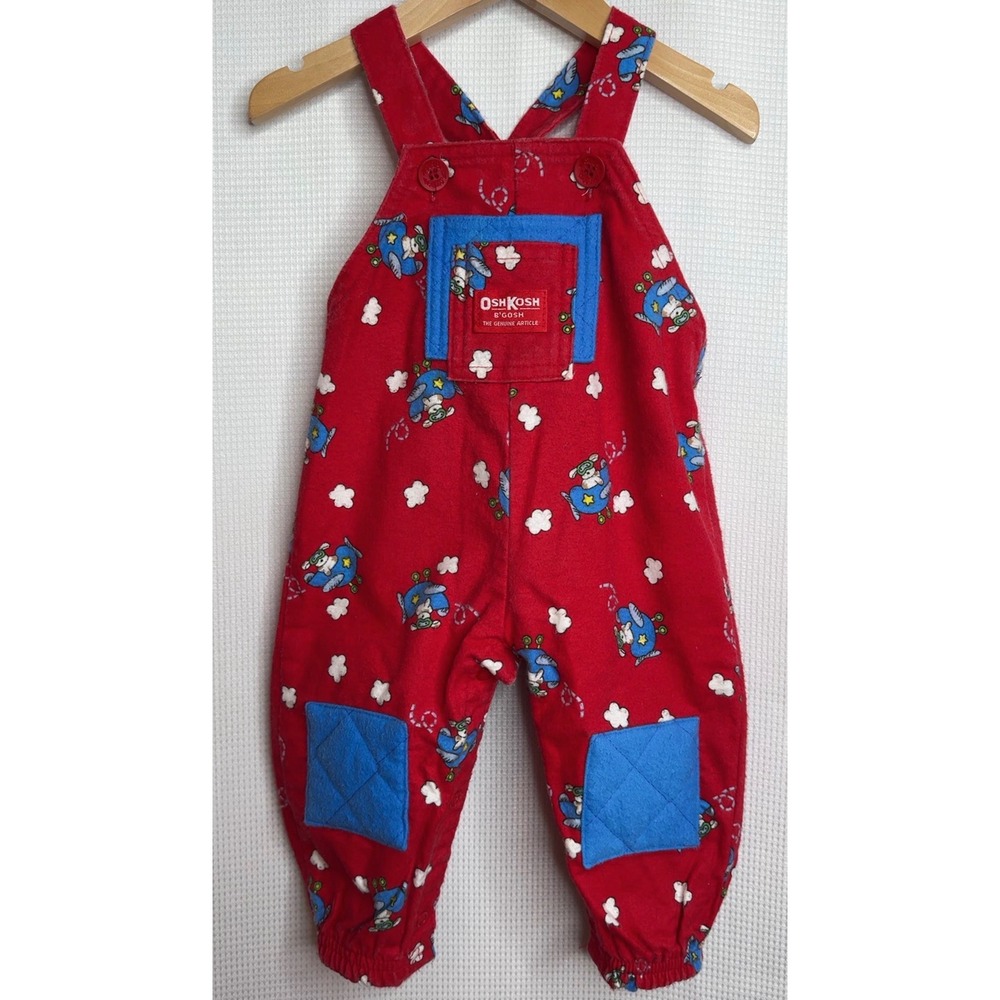 Vintage OshKosh B'gosh Red Airplane Dog Flannel Overalls 12M Made in USA Retro